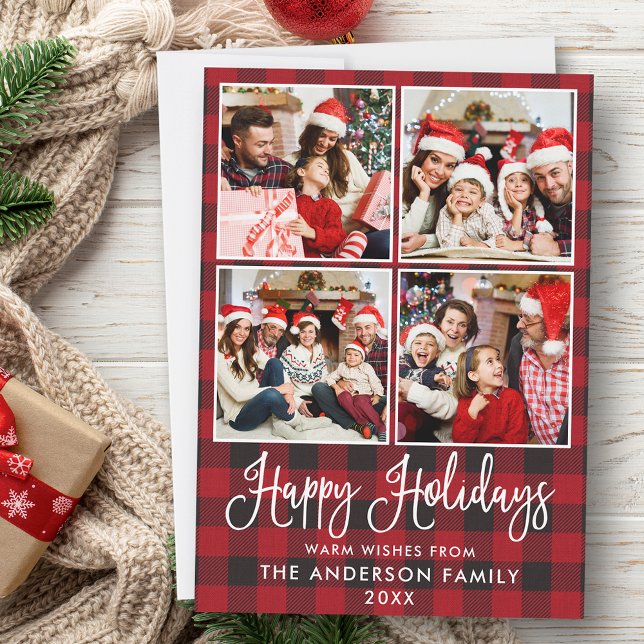 Modern Fun Calligraphy Plaid 4 Photos Holiday Card (Customize to add text to back of card.)