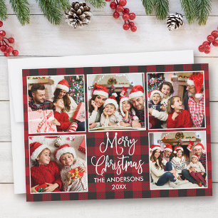 Modern Fun Calligraphy Plaid 5 Photo Christmas Holiday Card