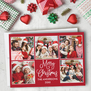 Modern Fun Calligraphy Red 5 Photo Christmas Holiday Card