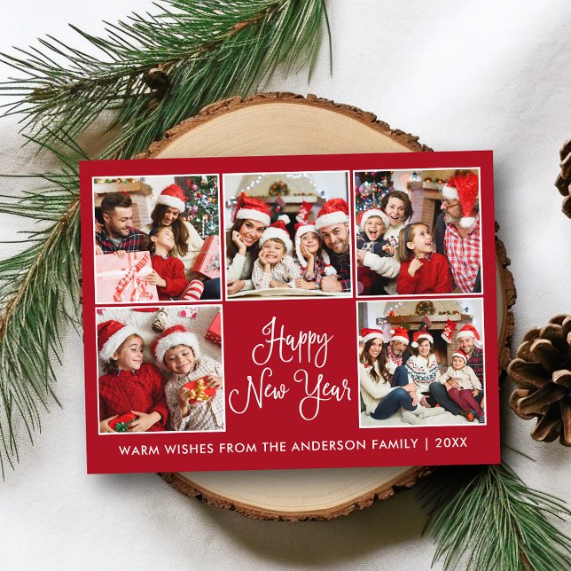 Modern Fun Calligraphy Red 5 Photo New Year Postcard (Customize to change your personalized text size or text style.)