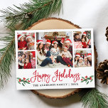Modern Fun Calligraphy Red Holly 5 Photo Holiday Postcard<br><div class="desc">Modern Fun Calligraphy Script 5 Photo Family Photo Collage Happy Holidays Postcard includes Watercolor Christmas Holly Berries - Red Script</div>