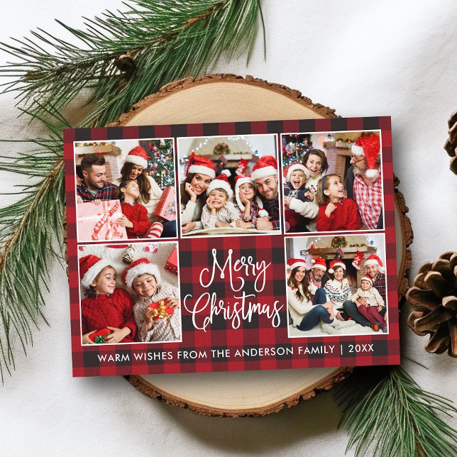 Modern Fun Calligraphy Red Plaid 5 Photo Christmas Postcard (Customize to change your personalized text size or text style.)