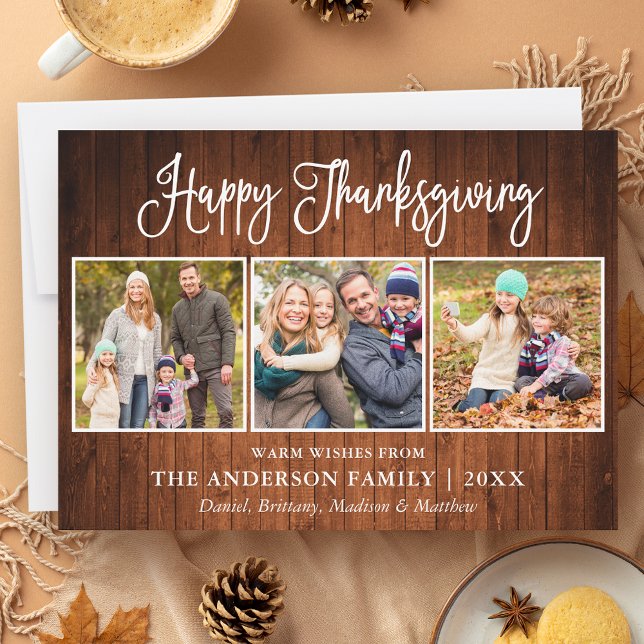 Modern Fun Calligraphy Thanksgiving 3 Photo Wood Holiday Card (Customize to add more text or photos to back of card.)