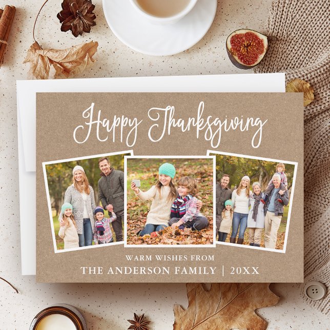 Modern Fun Calligraphy Thanksgiving Kraft 3 Photo Holiday Card (Customize to add more text or photos to back of card.)