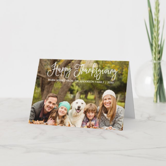 Modern Fun Calligraphy Thanksgiving Photo Fold Holiday Card (Front)