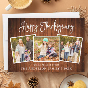 Modern Fun Calligraphy Thanksgiving Wood 3 Photo Holiday Card
