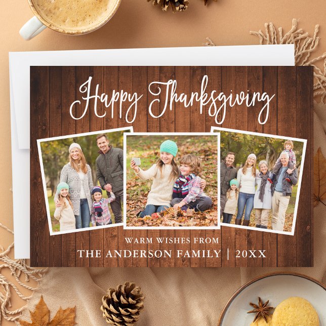 Modern Fun Calligraphy Thanksgiving Wood 3 Photo Holiday Card (Customize to add more text or photos to back of card.)