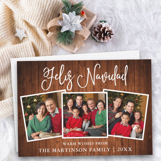 Modern Fun Calligraphy Wood 3 Photo Feliz Navidad Holiday Card (Customize to add text to back of card. )