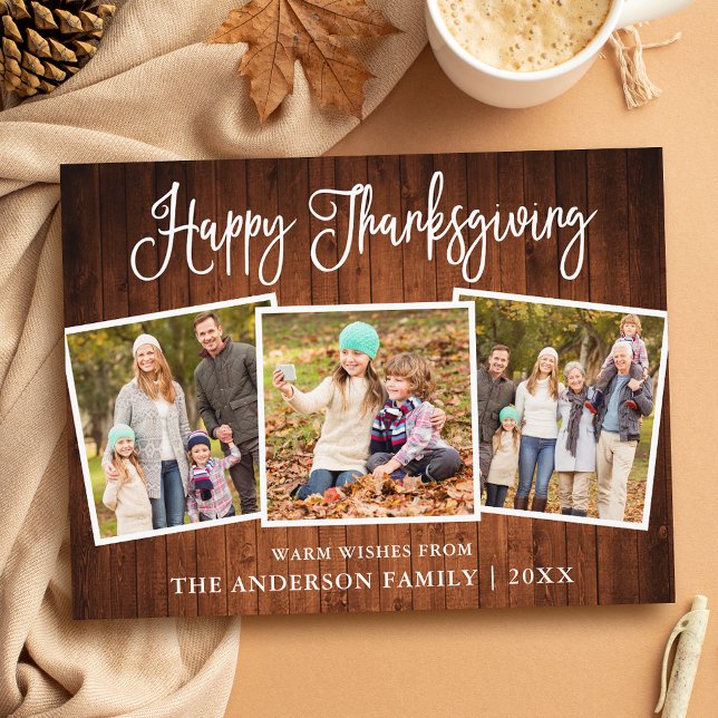 Modern Fun Calligraphy Wood 3 Photos Thanksgiving Postcard (Customize to change your personalized text size or text style.)