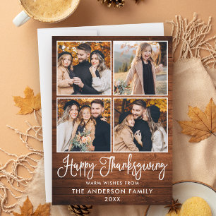 Modern Fun Calligraphy Wood 4 Photo Thanksgiving Holiday Card