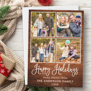 Modern Fun Calligraphy Wood 4 Photos Holiday Card