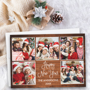 Modern Fun Calligraphy Wood 5 Photo New Year Holiday Card