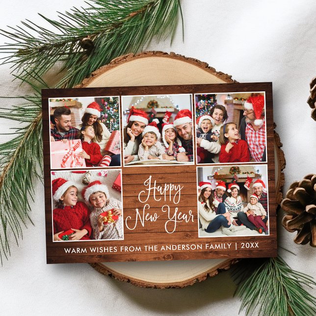 Modern Fun Calligraphy Wood 5 Photo New Year Postcard (Customize to change your personalized text size or text style.)