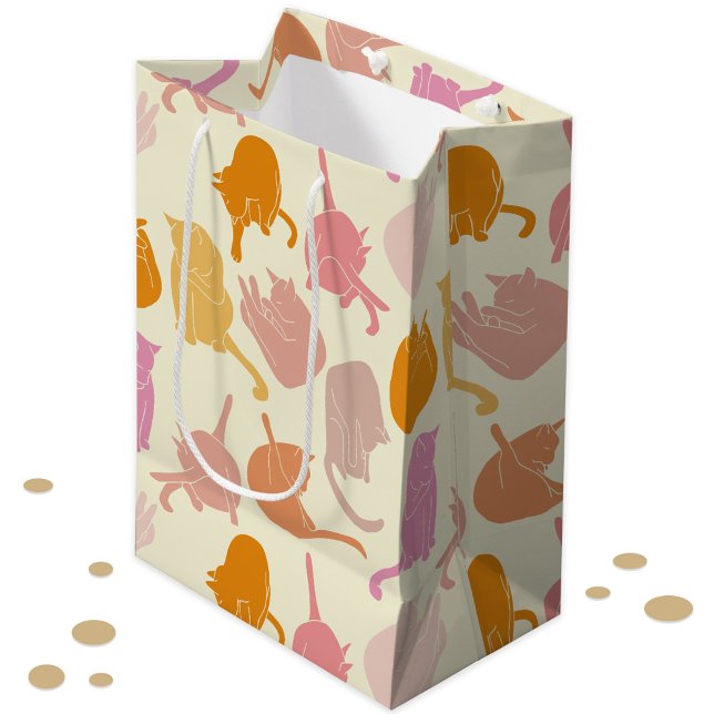 Modern Fun Cat Pattern Pink Orange Peach Medium Gift Bag (Fun pink orange peach and cream cat gift bag)