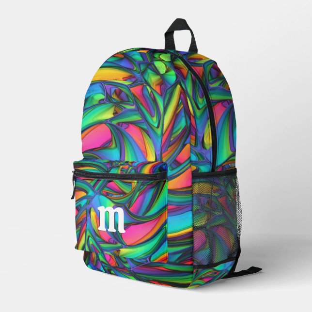 Modern Fun Colourful Monogram Printed Backpack (Back Corner Right)