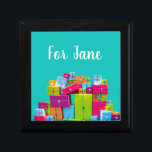 Modern fun colourful presents Christmas Gift Box<br><div class="desc">A cute ,  fun and modern image of wrapped Christmas presents in pink,  purple,  green and bright modern colours. Against a customisable bright blue background. Fun and colourful Christmas style.</div>