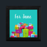 Modern fun colourful presents Christmas Gift Box<br><div class="desc">A cute ,  fun and modern image of wrapped Christmas presents in pink,  purple,  green and bright modern colours. Against a customisable bright blue background. Fun and colourful Christmas style.</div>