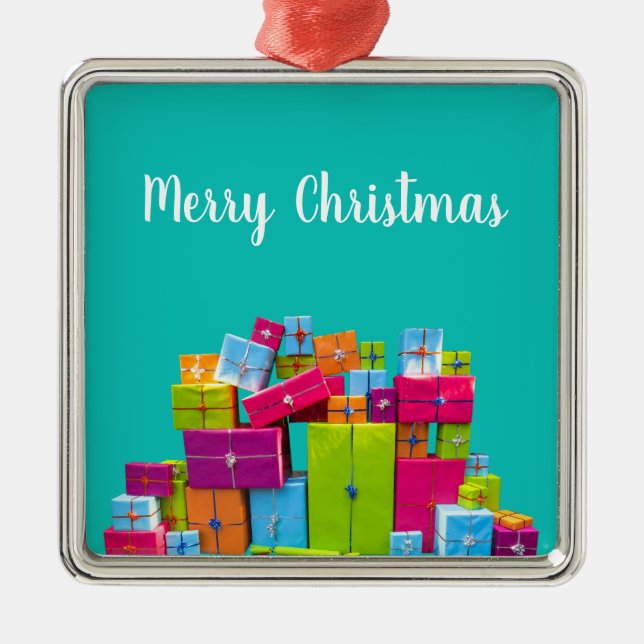 Modern fun colourful presents Christmas Metal Ornament (Front)