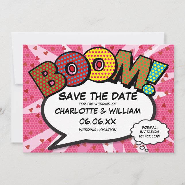 Modern Fun Comic Book BOOM Pink Love Hearts Save The Date (Front)