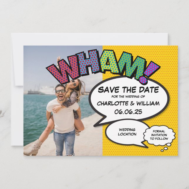 Modern Fun Comic Book Photo Save The Date Card (Front)