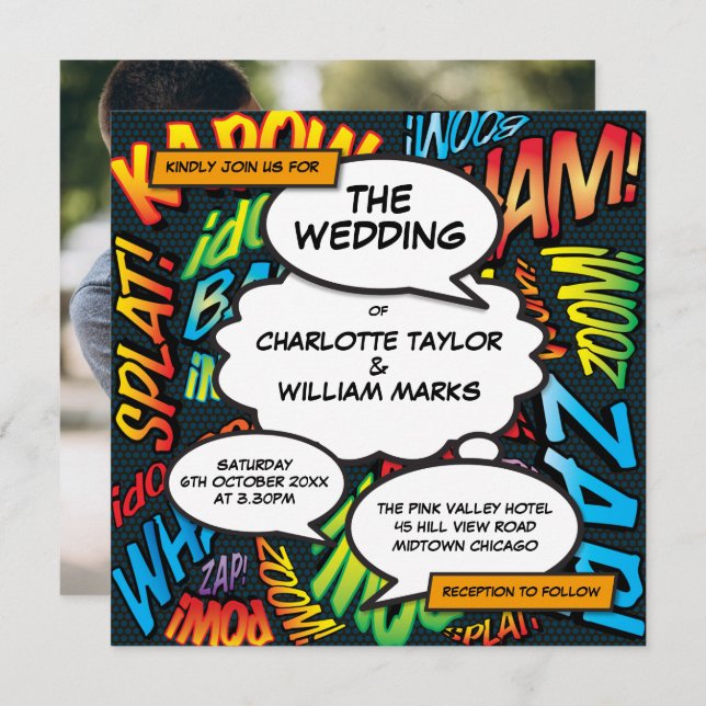 Modern Fun Comic Book Photo Square Wedding Invitation (Front/Back)