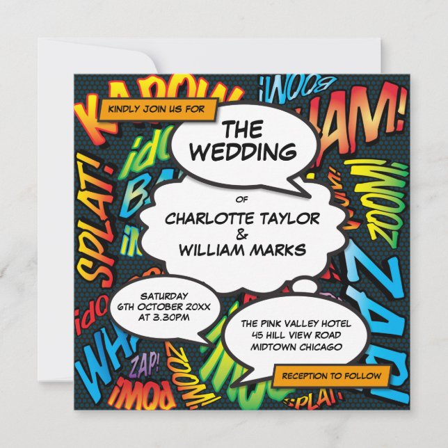 Modern Fun Comic Book Square Wedding Invitation (Front)