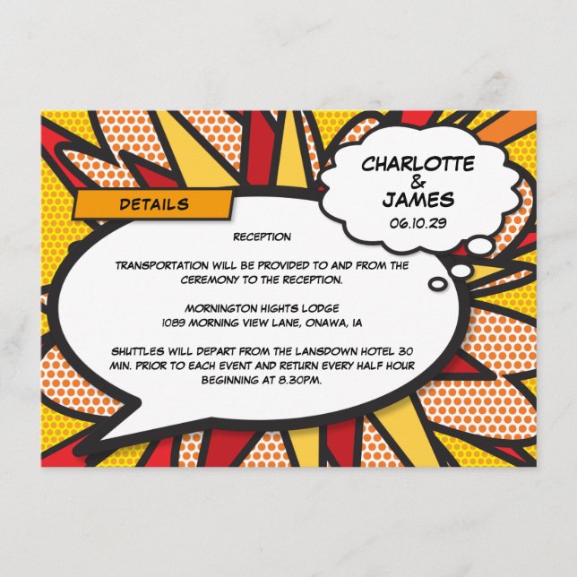Modern Fun Comic Book Wedding Details Information Enclosure Card (Front)