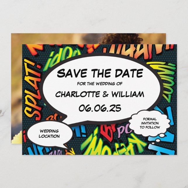 Modern Fun Comic Book Wedding Photo Save The Date (Front/Back)