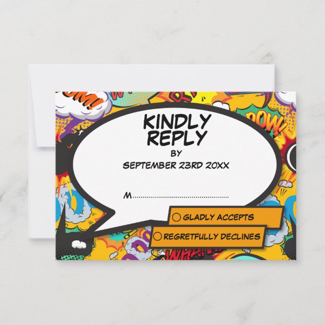 Modern Fun Comic Book Wedding RSVP Card (Front)