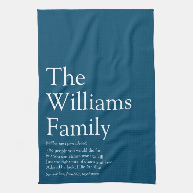 Modern Fun Family Definition Blue Tea Towel (Vertical)