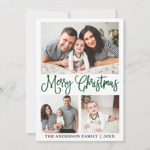 Modern Fun Green Calligraphy Christmas 3 Photo Holiday Card