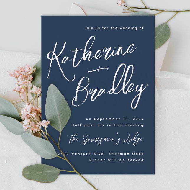 Modern fun handwriting couples names navy wedding invitation (Creator Uploaded)