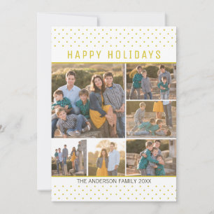 Modern Fun Happy Holidays Gold Polka Dots 7 Photo Holiday Card