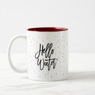 Modern Fun Hello Winter Cozy Script Dots Minimal Two-Tone Coffee Mug