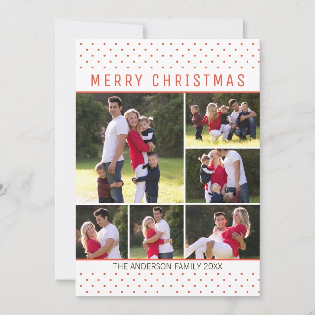 Modern Fun Merry Christmas Red Polka Dots 7 Photo Holiday Card (Front)