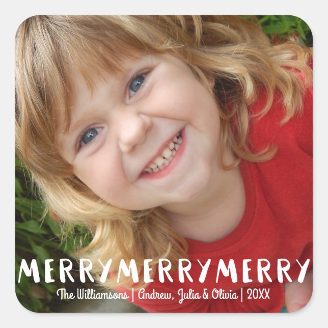 Modern Fun Merry Merry Christmas Holiday Photo Square Sticker (Front)