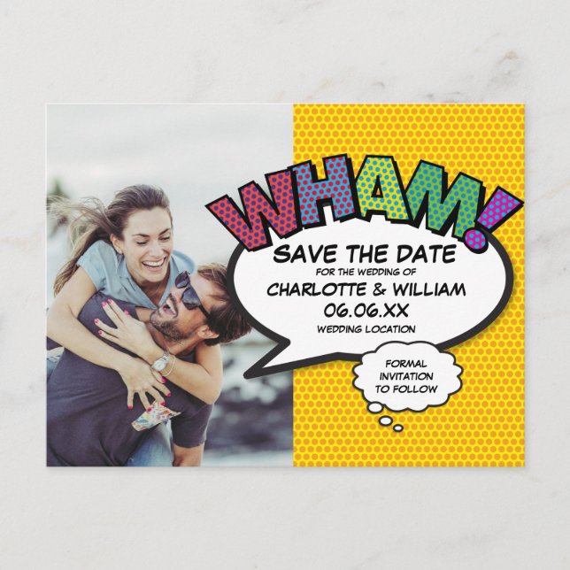 Modern Fun Photo Colourful WHAM  Save the Date Announcement Postcard (Front)