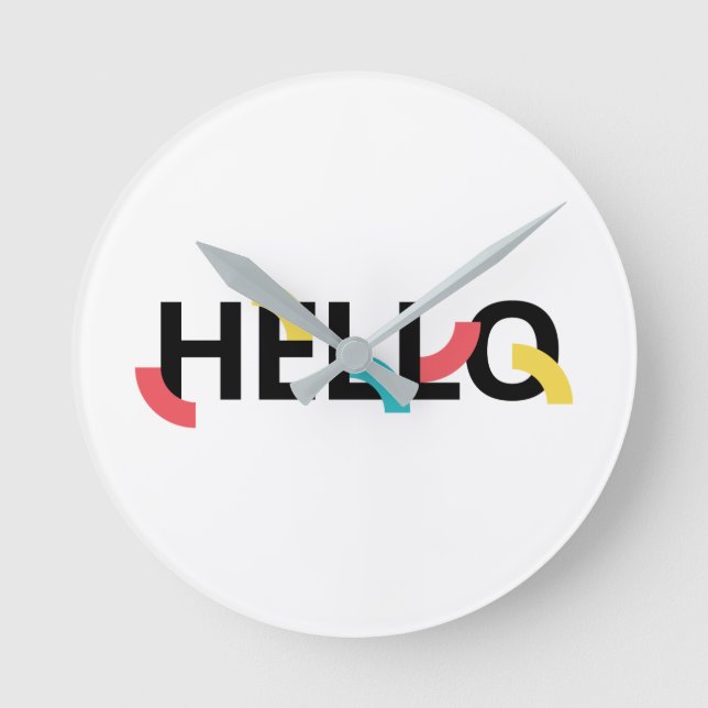 Modern, fun, playful, colourful design of Hello Round Clock (Front)