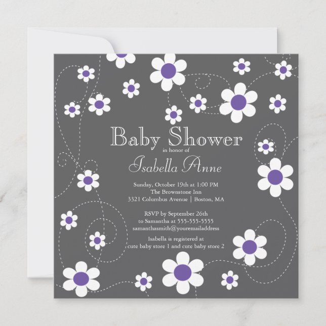 Modern Fun Purple Flowers Floral Girls Baby Shower Invitation (Front)