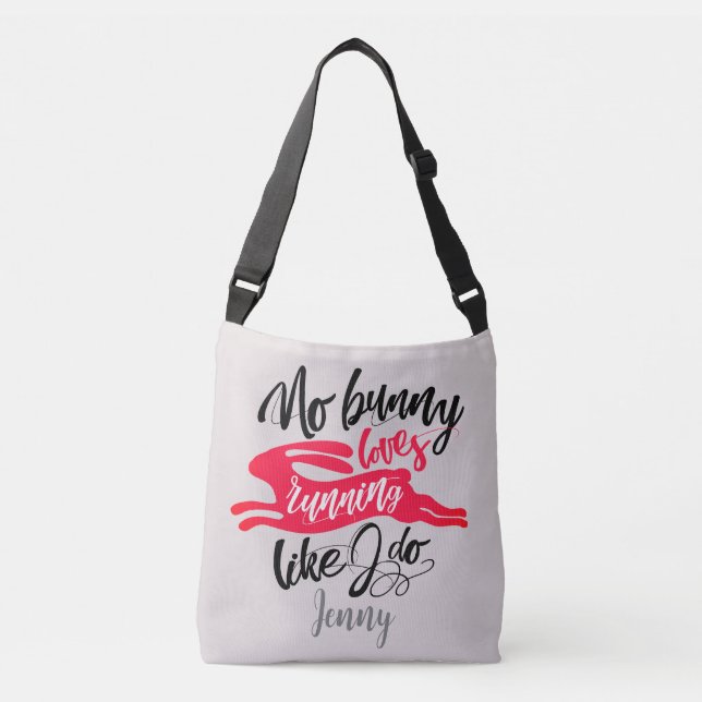Modern Fun Red Bunny Love Run Motivation Name Typo Crossbody Bag (Front)