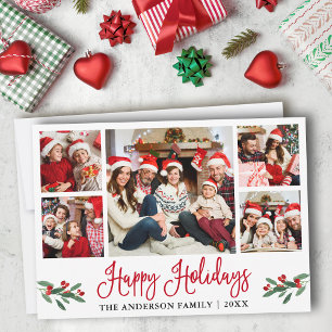 Modern Fun Red Calligraphy 5 Photo Holiday Card