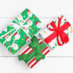 Modern Fun Santa, Stripes & Christmas Lights Green Wrapping Paper Sheet