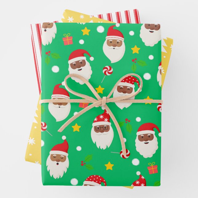 Modern Fun Santa Stripes Christmas Patterns Green Wrapping Paper Sheet (In situ)