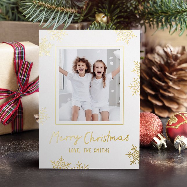 Modern Fun Snowflakes Merry Christmas Script Photo Foil Holiday Card (Modern Fun Snowflakes Merry Christmas Script Photo Foil Holiday Card)