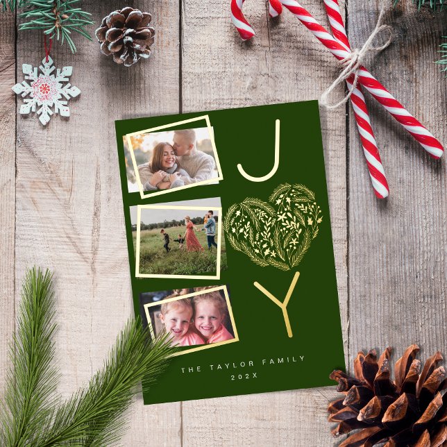 Modern Fun Three Photo Gree Joy Joyful Christmas Foil Holiday Card (Creator Uploaded)