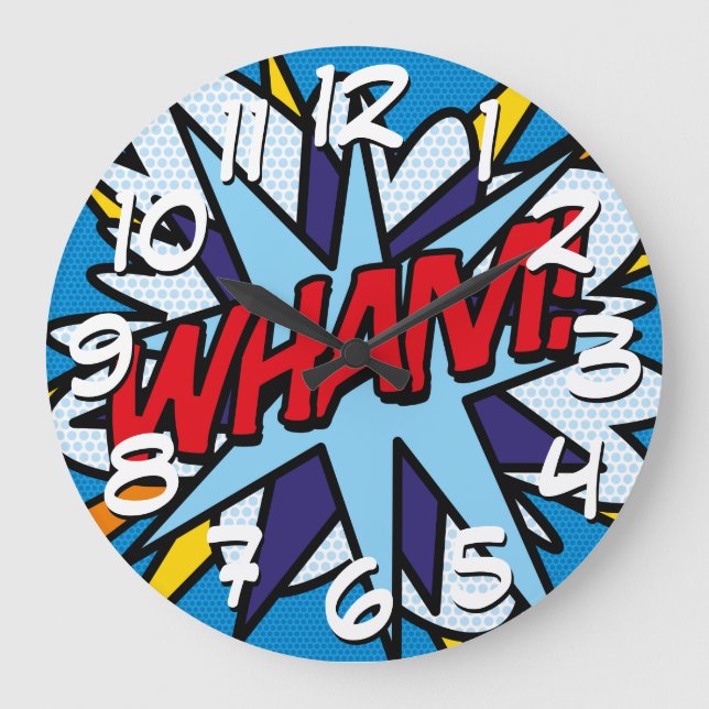 Modern Fun Typographic Colourful Comic Book WHAM Large Clock (Front)