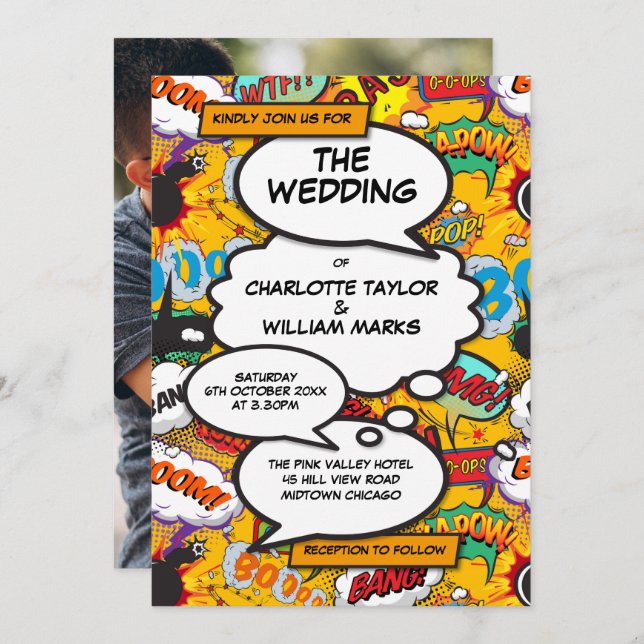 Modern Fun Typography Photo Comic Book Wedding Invitation (Front/Back)