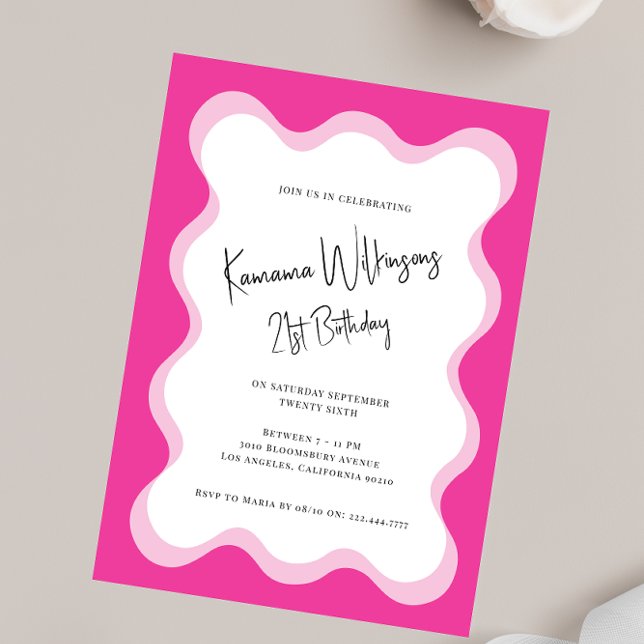 modern fun wavy 21st birthday  invitation (bold typography,bright pink and red,unique,trendy,aesthetic,fun,simple,contemporary,modern editable )