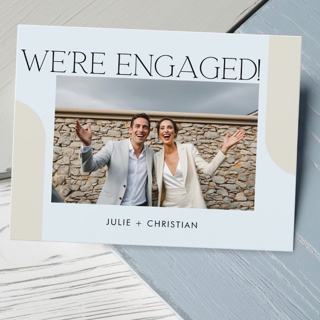 Modern Fun We're Engaged! Light Blue Engagement Postcard (Creator Uploaded)
