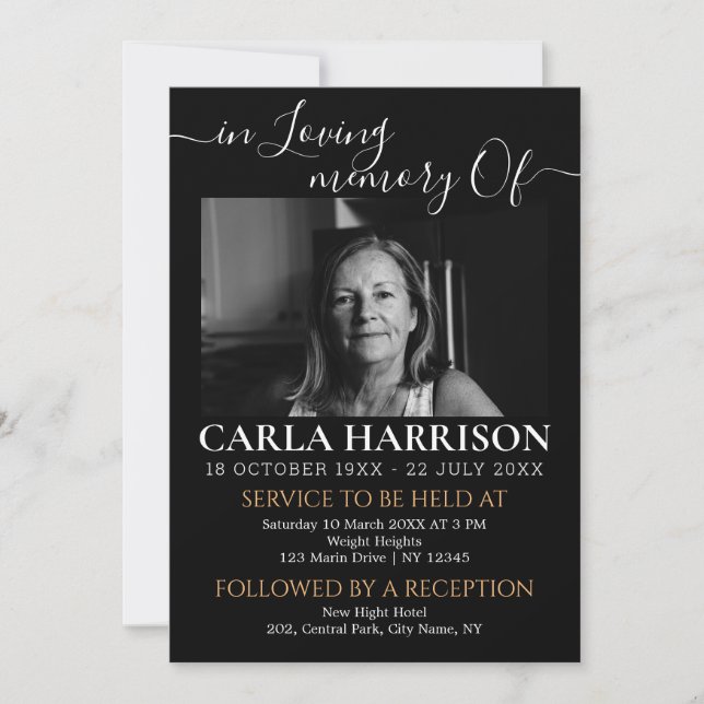 Modern Funeral Black and white Invitation (Front)